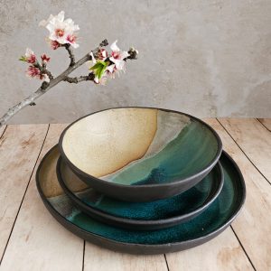 Ceramic Serving Dish Set, Modern Beige and Turquoise Dinnerware Set with Rustic Pottery Finish