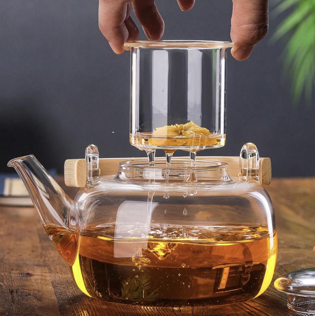 1000ml Borosilicate Glass Teapot with Bamboo Handle - Image 2