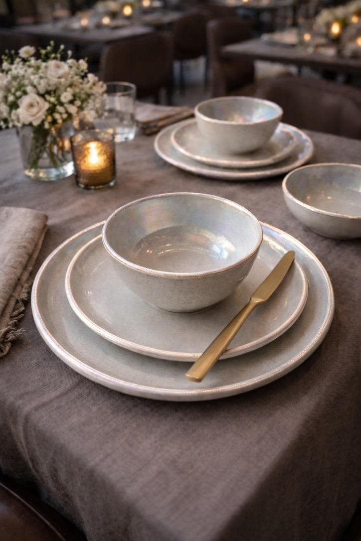 White Pearl Oyster Dinnerware Set, Glazed Ceramic Plates and Bowls - Image 5