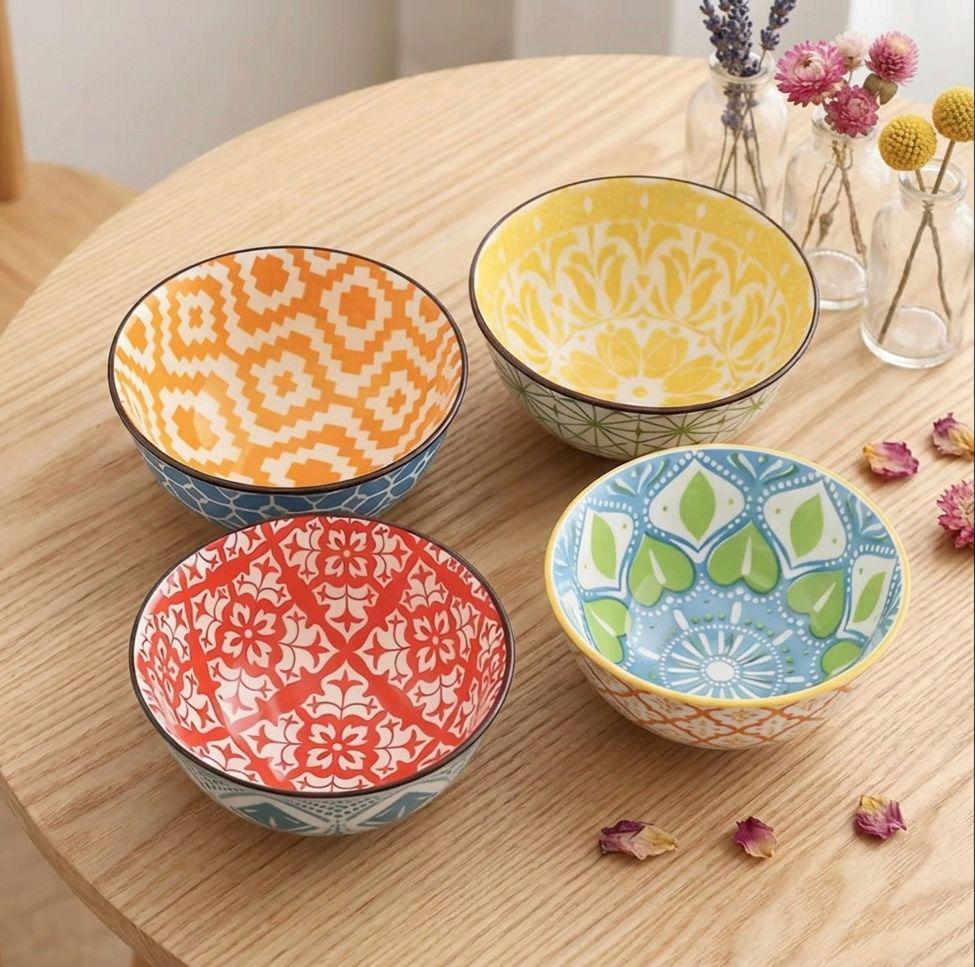 Bohemian Ceramic Bowls, Geometric Floral Pattern Set, 4.5 Inch Dessert and Soup Bowls