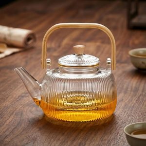 Large 1000ml Borosilicate Glass Teapot with Bamboo Handle and Built-In Filter