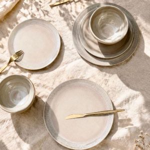 White Pearl Oyster Dinnerware Set, Glazed Ceramic Plates and Bowls