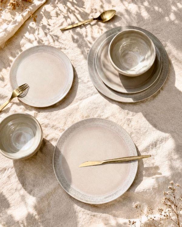 White Pearl Oyster Dinnerware Set, Glazed Ceramic Plates and Bowls