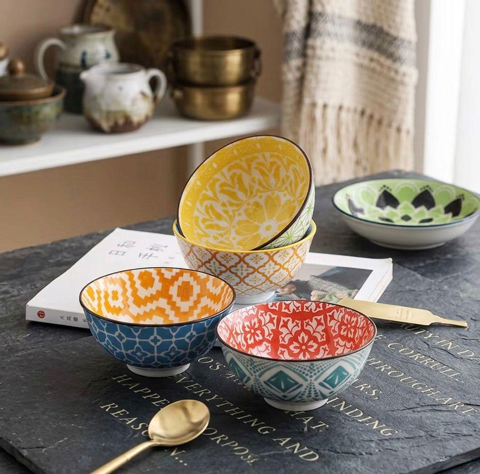 Bohemian Ceramic Bowls, Geometric Floral Pattern Set, 4.5 Inch Dessert and Soup Bowls - Image 2