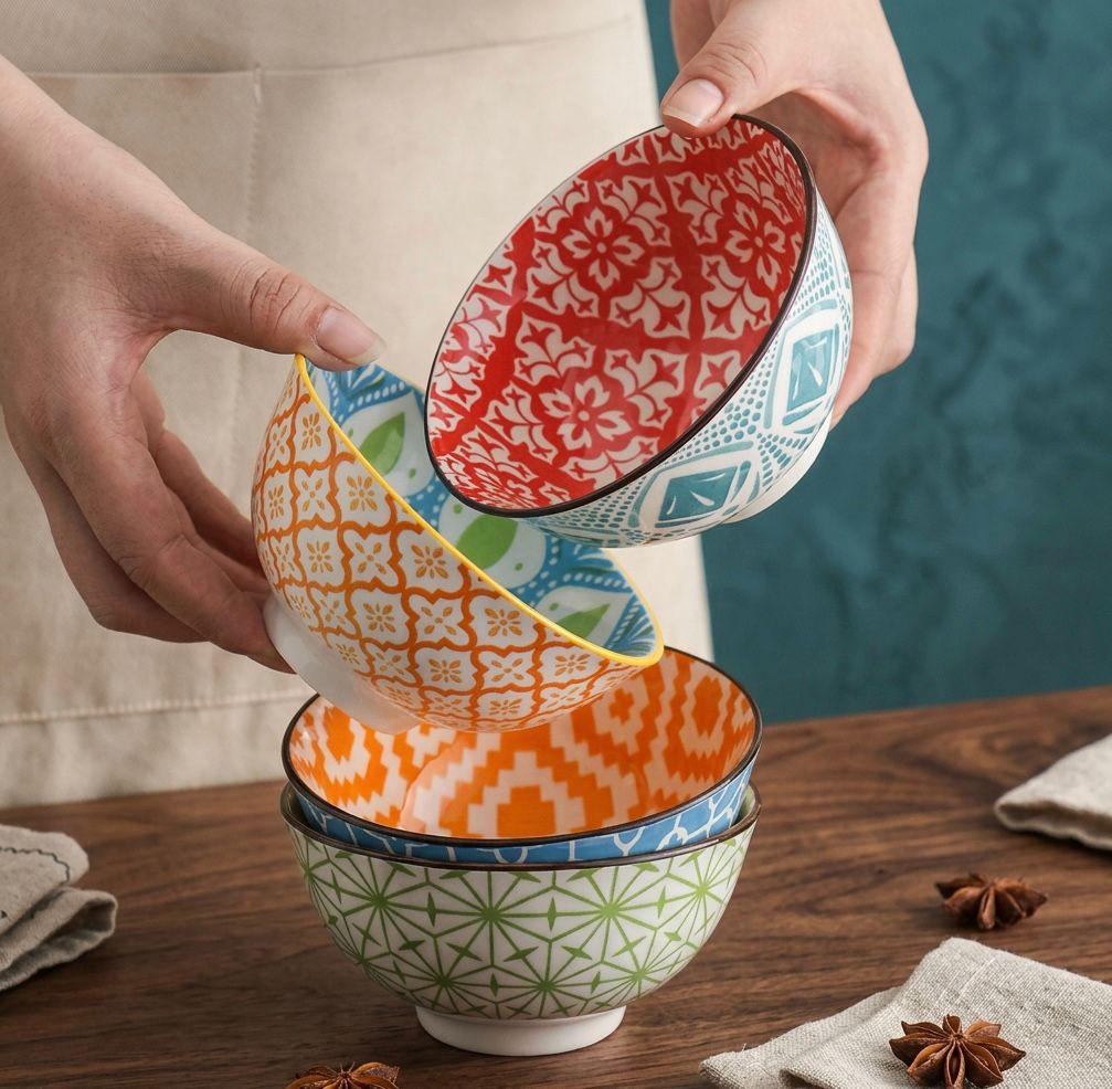 Bohemian Ceramic Bowls, Geometric Floral Pattern Set, 4.5 Inch Dessert and Soup Bowls - Image 3