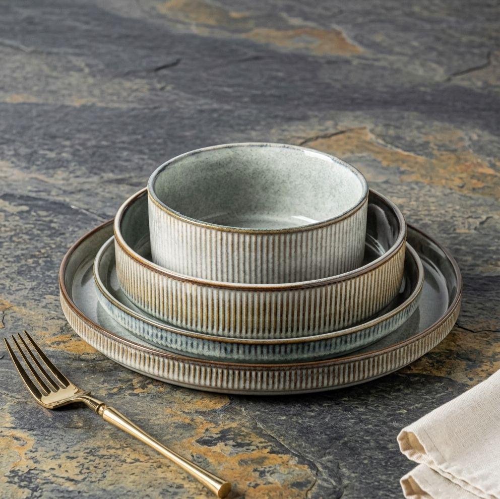 Stoneware Dinnerware Set for 4, Reactive Glaze Ceramic Plates and Bowls, Modern Tableware - Image 2