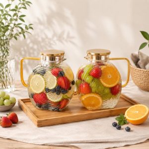 2.5L Flat Glass Pitcher with Gold Lid, Fridge-Door Water Jug and Borosilicate Carafe