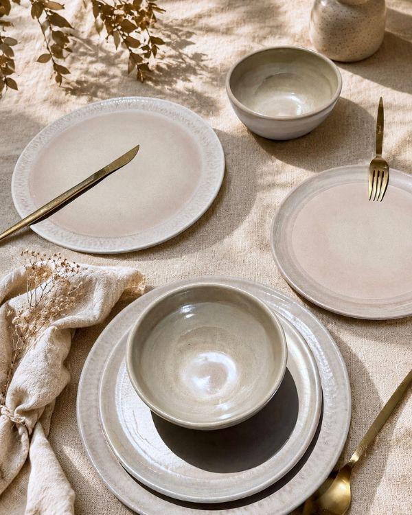 White Pearl Oyster Dinnerware Set, Glazed Ceramic Plates and Bowls - Image 2