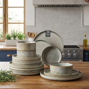 Stoneware Dinnerware Set for 4, Reactive Glaze Ceramic Plates and Bowls, Modern Tableware