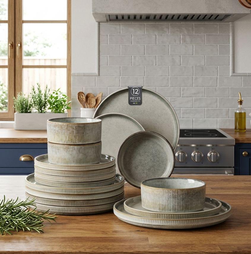 Stoneware Dinnerware Set for 4, Reactive Glaze Ceramic Plates and Bowls, Modern Tableware