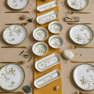 Botanical Green Floral Ceramic Dinnerware Set for 6, Cottagecore Tableware