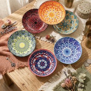 6-Piece Bohemian Ceramic Plate Set, Underglaze Mandala Dishes for Tapas and Meze