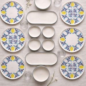 Lemon Ceramic Dinnerware Set for 6, Mediterranean Blue and Yellow Plates