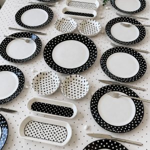 Black White Polka Dot Ceramic Breakfast Set for 12, 21-Piece Dinnerware