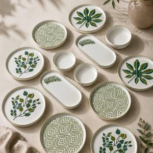 14-Piece Botanical Ceramic Breakfast Set, Green Leaf Dinnerware, Modern Serving Plates
