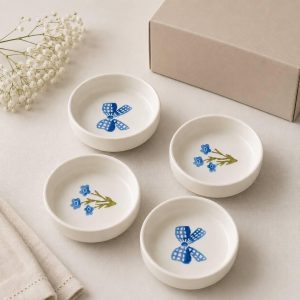 Set of 4 Blue Floral Ceramic Dip Bowls, 10cm Appetizer Snack Dishes