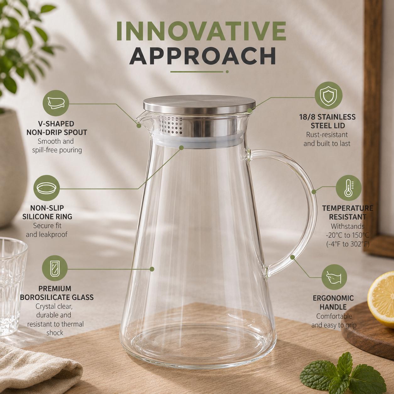 Borosilicate Glass Water Pitcher with Lid, 68oz Large Carafe, Minimalist Iced Tea Jug - Image 4