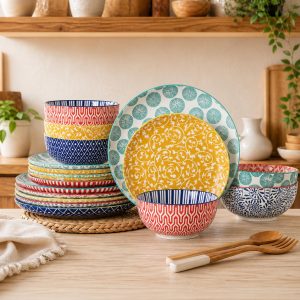 Colorful Ceramic Dinnerware Set, 12-Piece Plates and Bowls Set, Patterned Tableware