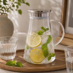 Borosilicate Glass Water Pitcher with Lid, 68oz Large Carafe, Minimalist Iced Tea Jug