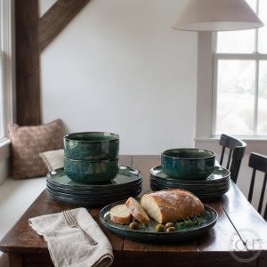 Green Stoneware Dinnerware Set, Reactive Glaze Ceramic Plates and Bowls, Modern Rustic Kitchen Tableware Set