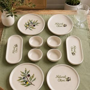 Ceramic Olive Serving Set, Mediterranean Tableware, Rustic Farmhouse Dinnerware