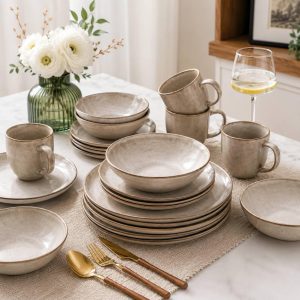 Beige Stoneware Dinnerware Set for 6, 18-Piece Reactive Glaze Plates and Bowls