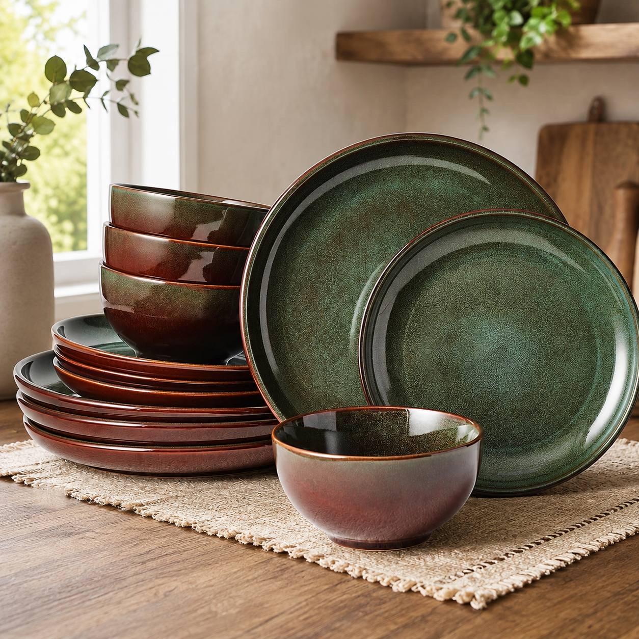 12-Piece Reactive Glaze Ceramic Dinnerware Set, Rustic Stoneware for 4