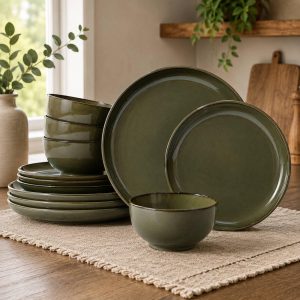 12-Piece Olive Green Reactive Glaze Dinnerware Set for 4, Rustic Stoneware Tableware
