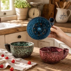 Ceramic Vortex Berry Washer Bowl, Spinning Fruit Rinser Colander and Clay Strainer