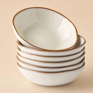 Set of 6 Pearl White Ceramic Bowls with Rustic Brown Rim for Soup and Salad