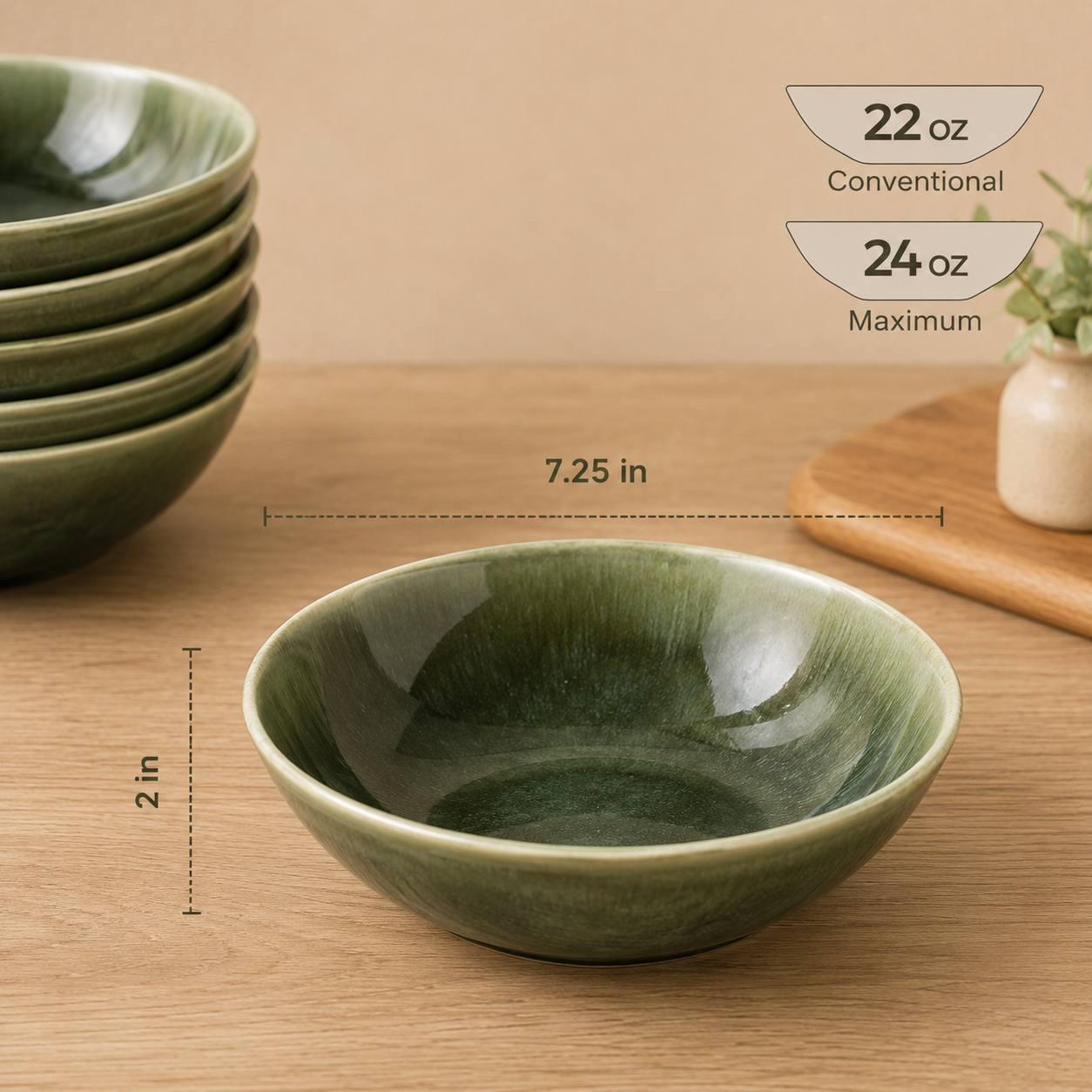 Set of 6 Earth Green Ceramic Bowls, 24 oz Stoneware Bowls for Soup and Salad - Image 3