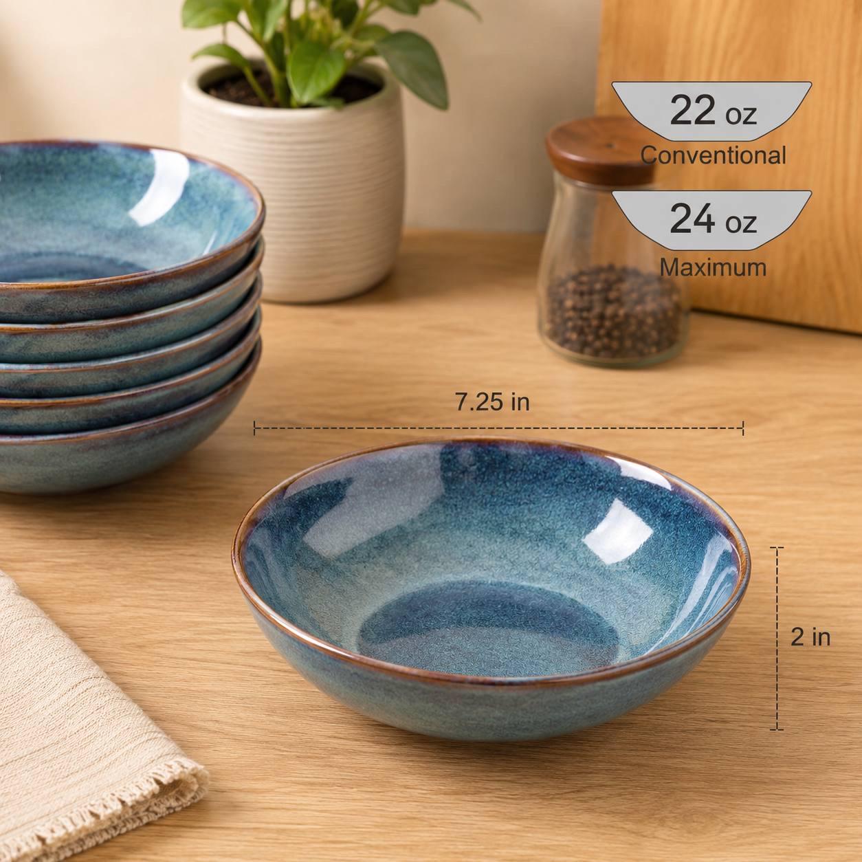 Ceylon Blue Stoneware Bowls Set of 6, Glazed Cereal Soup Salad Pasta Dinnerware - Image 2
