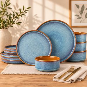 Blue Stoneware Dinnerware Set, Reactive Glaze Plates and Bowls, Modern Ceramic Tableware