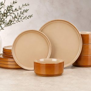 Brown Ceramic Dinnerware Set for 4, 12-Piece Reactive Glaze Tableware