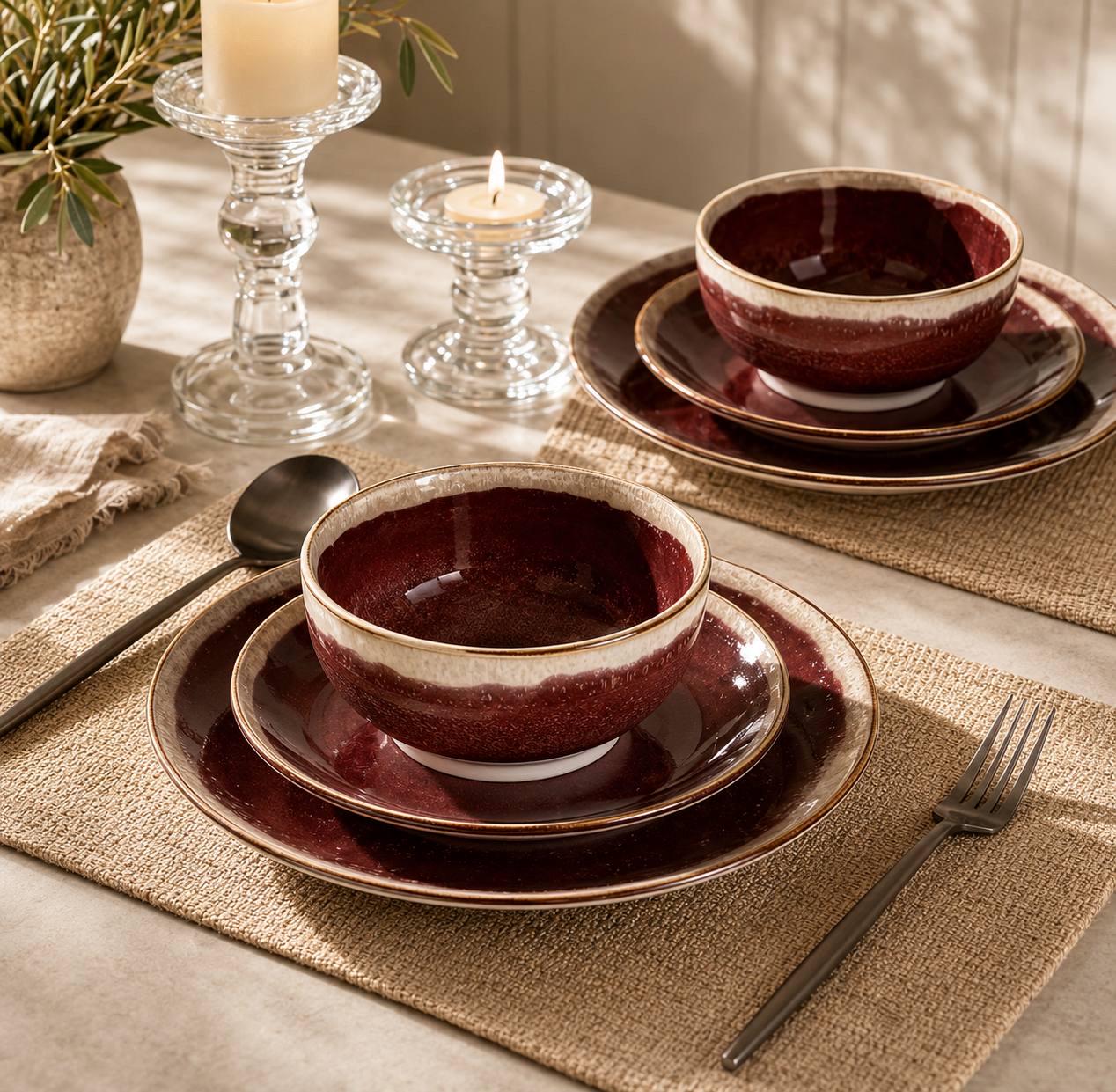 Burgundy Red Ceramic Dinnerware Set for 4, 12-Piece Reactive Glaze Tableware - Image 4