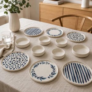 12-Piece Blue Floral Ceramic Dinnerware Set for 6, Modern Tableware Serving Set