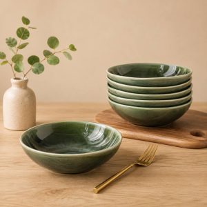 Set of 6 Earth Green Ceramic Bowls, 24 oz Stoneware Bowls for Soup and Salad