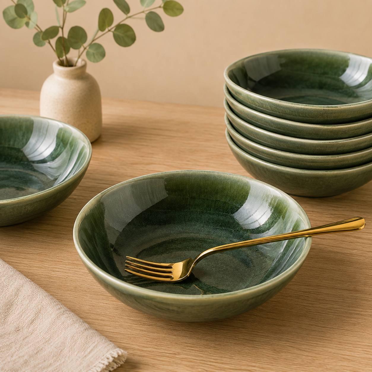 Set of 6 Earth Green Ceramic Bowls, 24 oz Stoneware Bowls for Soup and Salad - Image 2