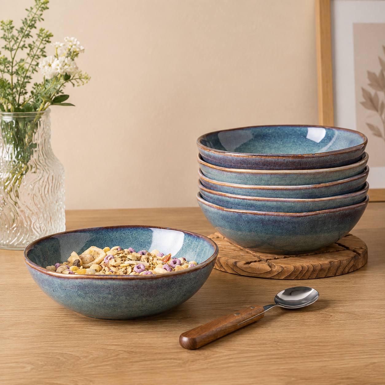 Ceylon Blue Stoneware Bowls Set of 6, Glazed Cereal Soup Salad Pasta Dinnerware