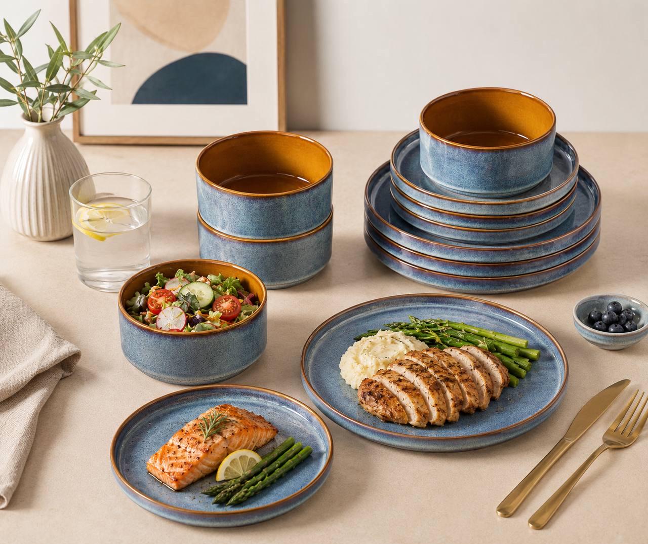 Blue Stoneware Dinnerware Set, Reactive Glaze Plates and Bowls, Modern Ceramic Tableware - Image 2