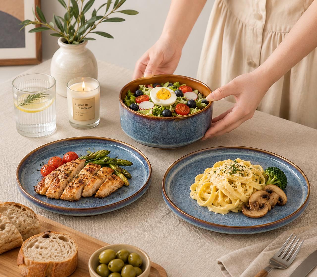 Blue Stoneware Dinnerware Set, Reactive Glaze Plates and Bowls, Modern Ceramic Tableware - Image 3