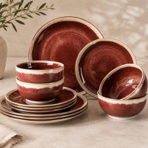 Burgundy Red Ceramic Dinnerware Set for 4, 12-Piece Reactive Glaze Tableware