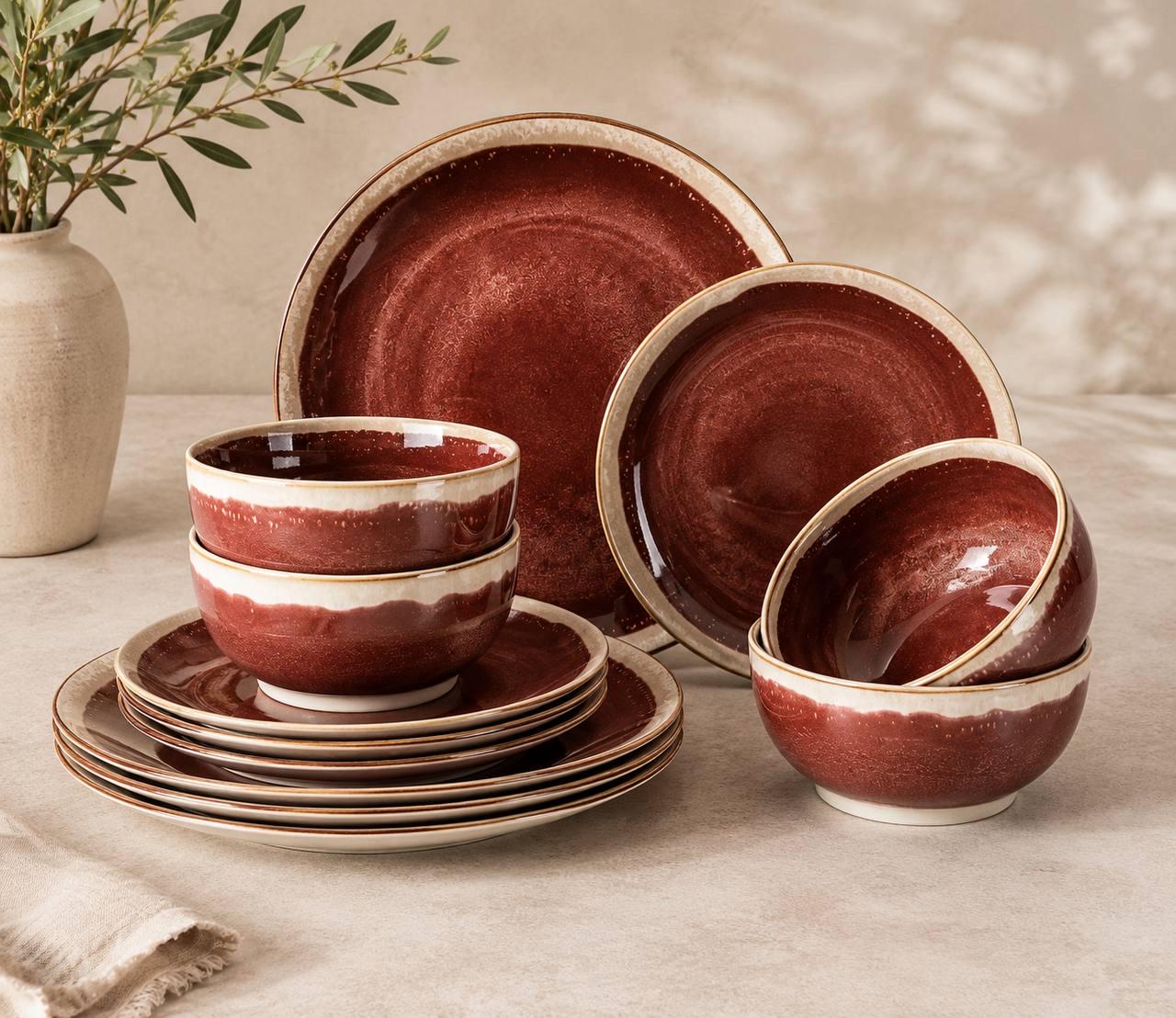 Burgundy Red Ceramic Dinnerware Set for 4, 12-Piece Reactive Glaze Tableware