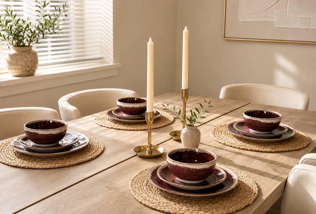 Burgundy Red Ceramic Dinnerware Set for 4, 12-Piece Reactive Glaze Tableware - Image 3