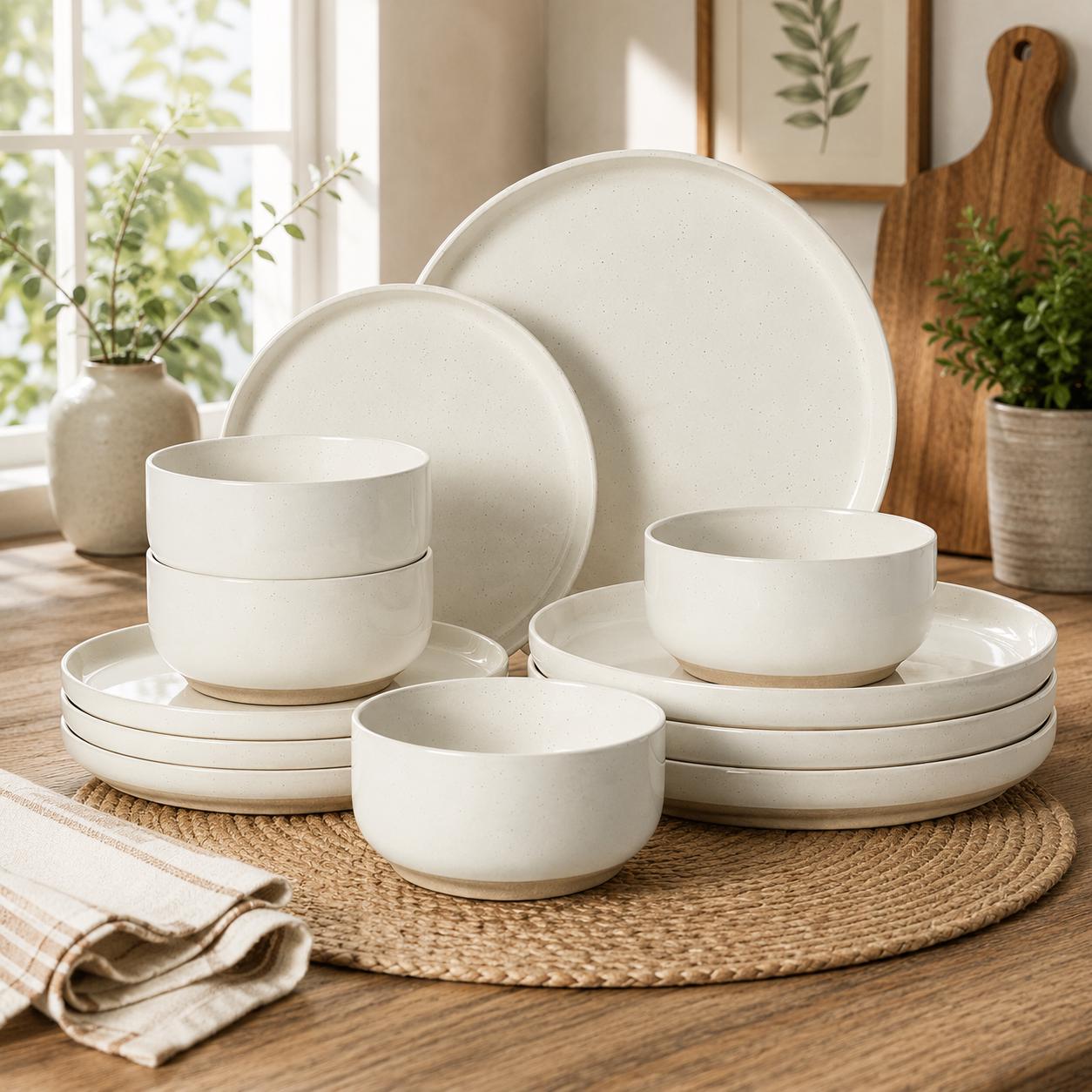 Farmhouse Ceramic Dinnerware Set, Rustic Dishware with Speckled Glaze Finish