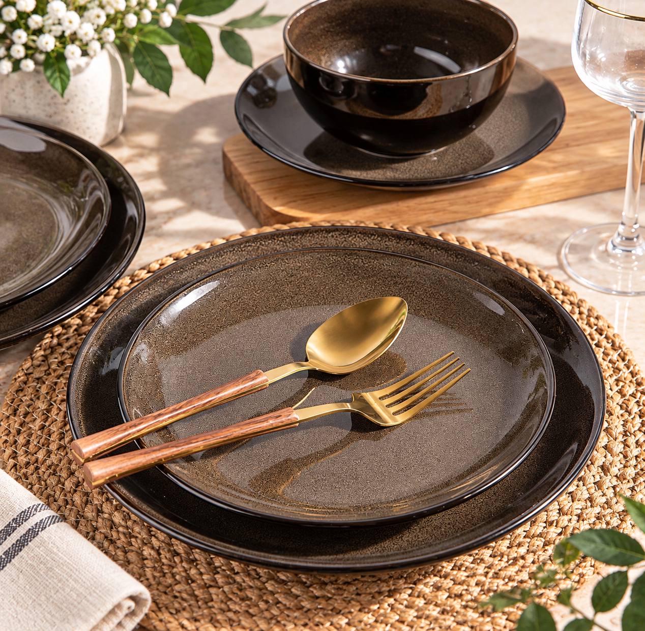 12-Piece Ceramic Dinnerware Set for 4, Reactive Glaze Brown Stoneware Plates and Bowls - Image 3