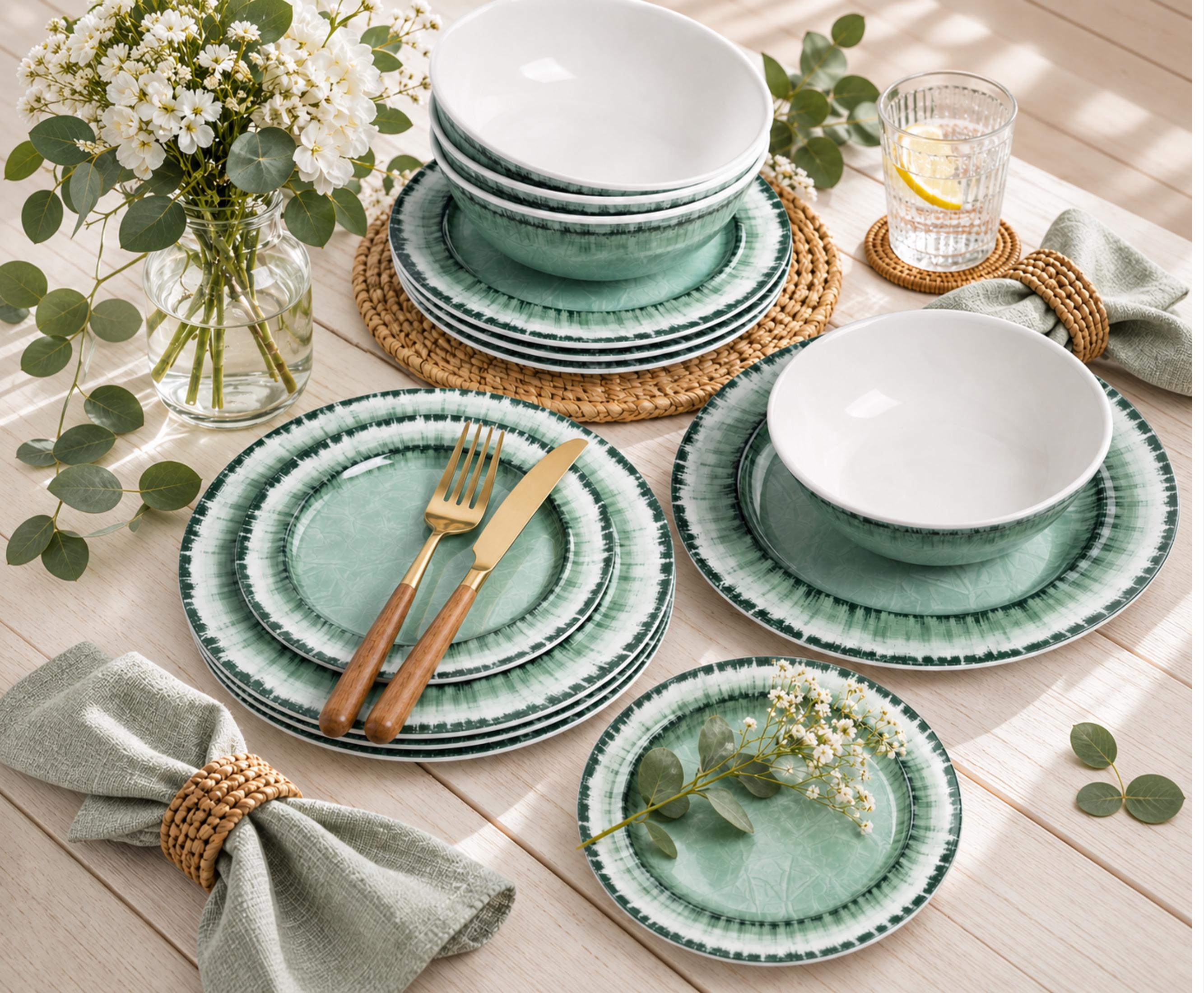 Sage Green Melamine Dinnerware Set for 4, 12-Piece Plates and Bowls Set, Cracked-Ice Style Camping and RV Dishes - Image 4