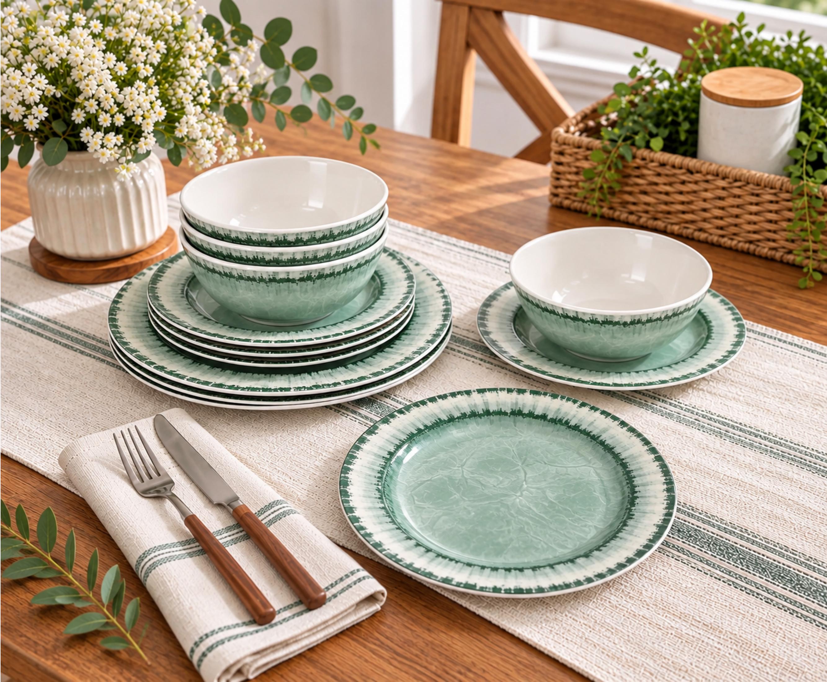 Sage Green Melamine Dinnerware Set for 4, 12-Piece Plates and Bowls Set, Cracked-Ice Style Camping and RV Dishes - Image 2