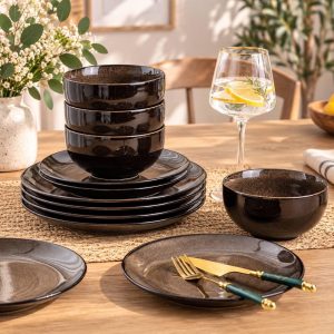 12-Piece Ceramic Dinnerware Set for 4, Reactive Glaze Brown Stoneware Plates and Bowls