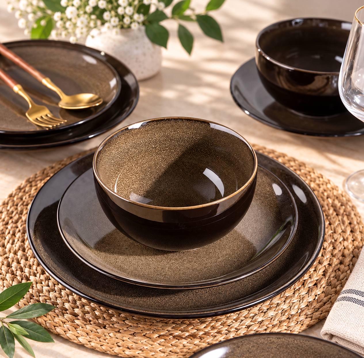 12-Piece Ceramic Dinnerware Set for 4, Reactive Glaze Brown Stoneware Plates and Bowls - Image 2